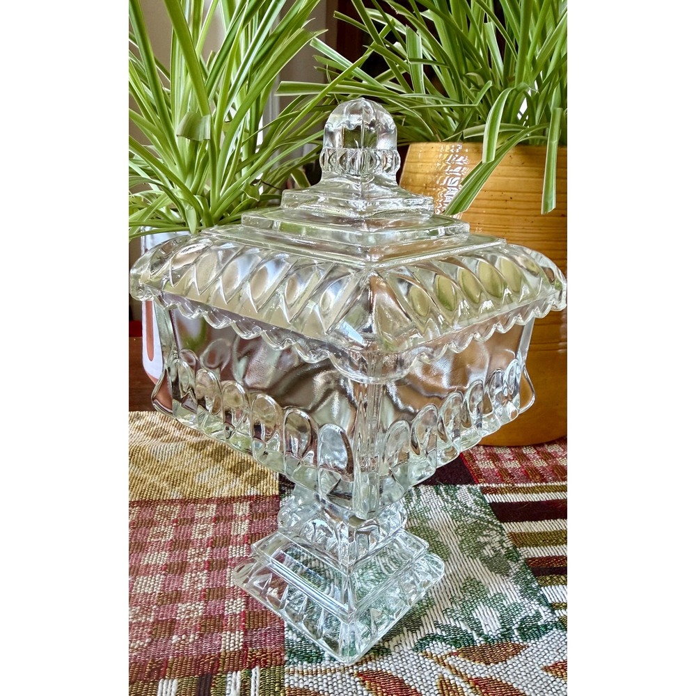 Vintage Clear Glass Pedestal Candy Dish: Square Arch Pattern, Mid-Century Decor